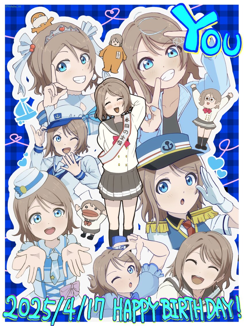 1girl blue_eyes blush brown_hair happy_party_train hat highres koi_ni_naritai_aquarium looking_at_viewer love_live! love_live!_sunshine!! multiple_views salute short_hair smile uchicchii uranohoshi_school_uniform watanabe_you