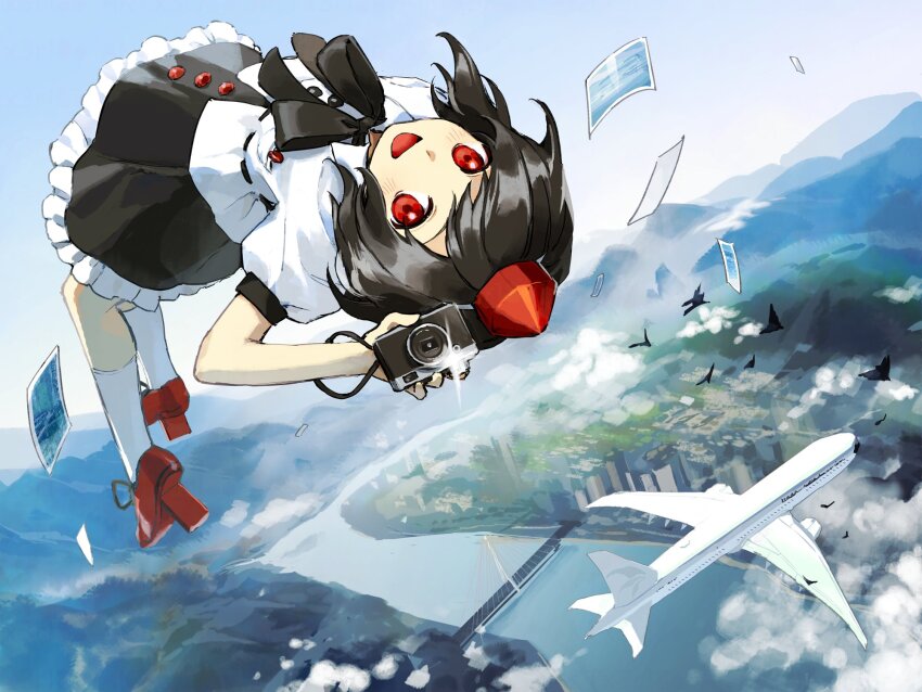 1girl :d aircraft airplane belt black_belt black_bow black_bowtie black_hair black_skirt bow bowtie camera commentary_request frilled_skirt frills hat highres holding holding_camera kaigen_1025 open_mouth photo_(object) puffy_short_sleeves puffy_sleeves red_eyes red_hat shameimaru_aya shirt short_hair short_sleeves skirt smile socks solo tokin_hat touhou white_shirt white_socks