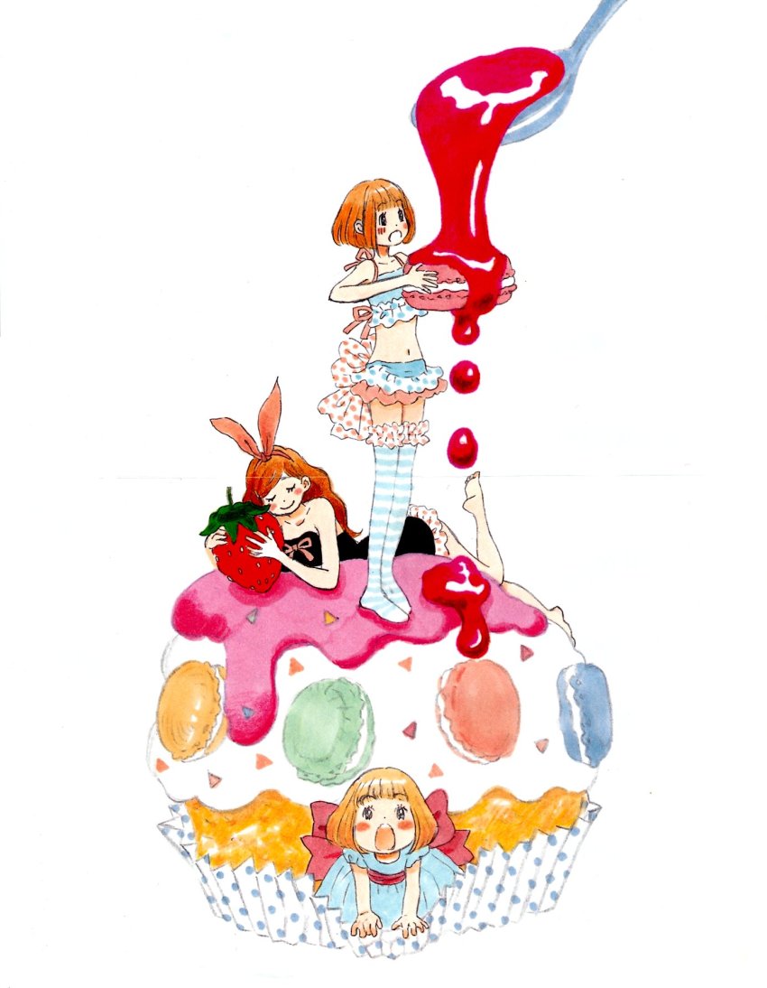 3girls arm_support back_bow bare_arms barefoot bent_over black_dress blue_dress blunt_bangs blush_stickers bob_cut bow brown_hair closed_eyes closed_mouth collarbone cream crop_top cupcake dot_nose dress dripping feet_up flat_chest food food_wrapper frilled_dress frills fruit hair_down hair_ribbon happy highres holding holding_food horizontal_pupils kawamoto_akari kawamoto_hinata kawamoto_momo layered_skirt legs_together looking_at_viewer lying macaron midriff multiple_girls navel no_shoes on_stomach open_mouth orange_hair oversized_food oversized_object pink_bow pink_ribbon polka_dot polka_dot_bow puffy_short_sleeves puffy_sleeves ribbon sangatsu_no_lion short_hair short_sleeves siblings simple_background sisters skinny skirt smile spoon sprinkles standing strapless strapless_dress strawberry striped_clothes striped_legwear striped_thighhighs syrup thighhighs umino_chika v_arms white_background wide-eyed zettai_ryouiki