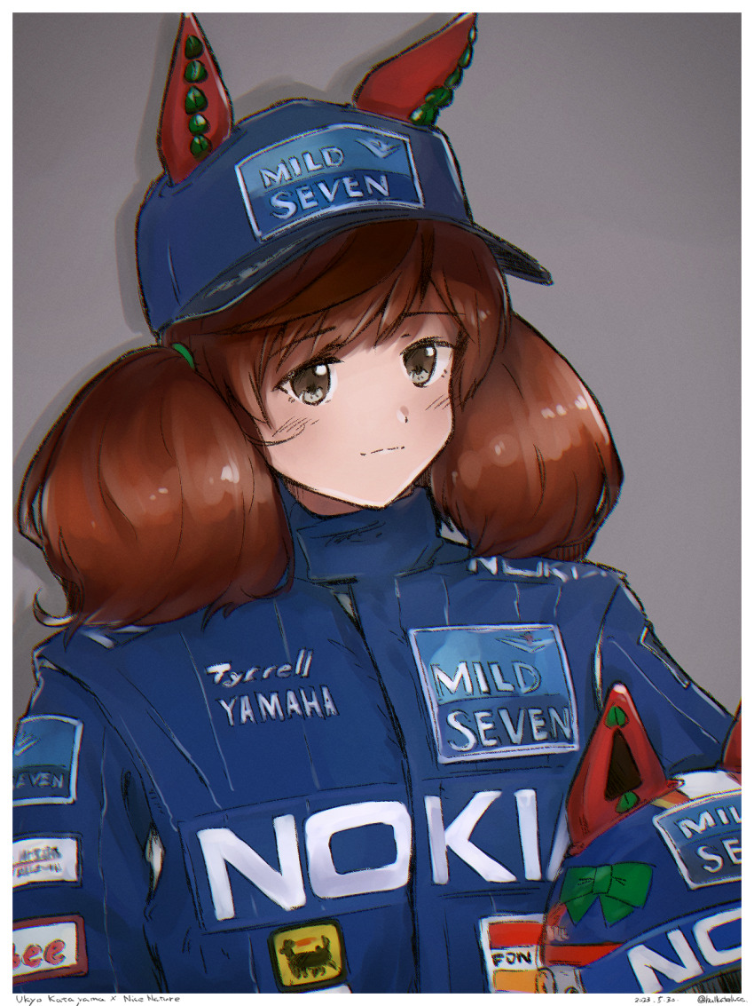 1girl animal_ears animal_ears_helmet animal_helmet artist_name balladeluce baseball_cap blue_hat blue_jacket brown_eyes brown_hair character_name cosplay formula_one grey_background hat helmet highres horse_ears horse_girl jacket katayama_ukyou katayama_ukyou_(cosplay) long_hair mild_seven nice_nature_(umamusume) nokia_(company) portrait racing_suit real_life smile solo twintails tyrrell umamusume unworn_headwear unworn_helmet yamaha
