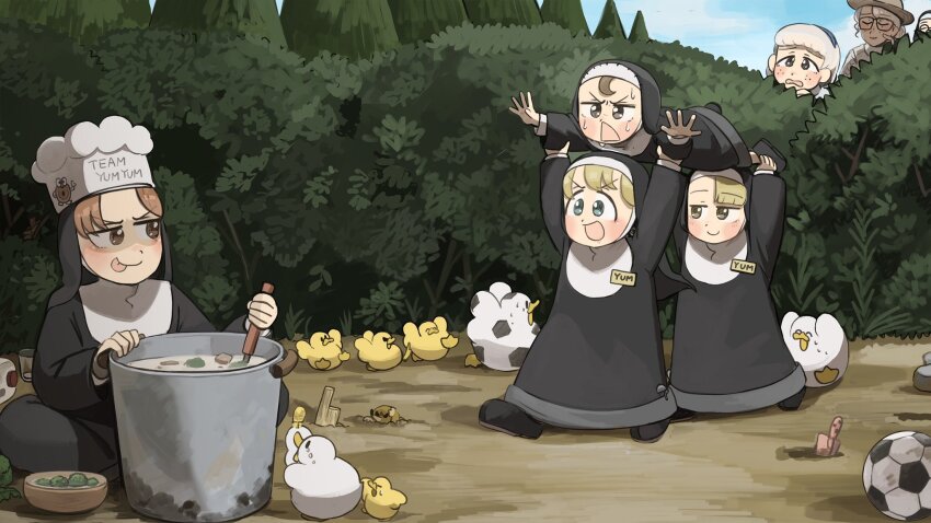 6+girls aged_down baby_animal ball bird black_footwear blonde_hair blue_eyes blue_hairband brown_eyes brown_hair bush carrying carrying_person chef_hat chicken clumsy_nun_(diva) commentary cooking diva_(hyxpk) duck duckling english_commentary froggy_nun_(diva) glasses grey_hair habit hairband hat highres hungry_nun_(diva) little_nuns_(diva) mole_(animal) mother_superior_(diva) multiple_girls nun round_eyewear sheep_nun&#039;s_mother_(diva) sheep_nun_(diva) slice_of_life soccer_ball spicy_nun_(diva) tongue tongue_out traditional_nun triangle_mouth yellow_eyes
