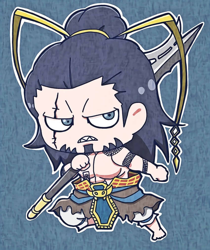 1boy abs arm_tattoo baggy_pants barefoot beard black_hair blue_background blue_eyes chinese_clothes derutta facial_hair frown full_body goatee gold_buckle gold_ribbon hair_bun hair_ribbon hand_up highres holding holding_lance holding_polearm holding_weapon lance long_hair lu_bu_(shuumatsu_no_valkyrie) male_focus muscular muscular_male no_eyebrows pants pectorals polearm ribbon scar scar_across_eye scar_on_face sharp_teeth shirtless_male shoulder_tattoo shuumatsu_no_valkyrie solo standing standing_on_one_leg tattoo teeth toned toned_male topknot topless_female very_long_hair weapon white_pants