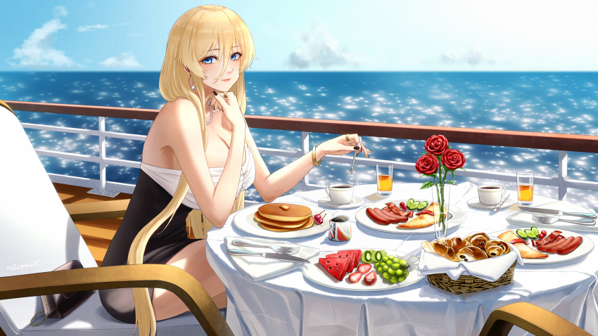 1girl azur_lane bacon basket bismarck_(azur_lane) blonde_hair blue_eyes bread breasts chair cleavage cup day disposable_cup drinking_glass flower folded_napkin food fork fruit hair_between_eyes head_rest highres knife large_breasts long_hair looking_at_viewer napkin necomilk ocean pancake pancake_stack pastry plate red_flower red_rose rose sausage sitting table teacup watermelon watermelon_slice