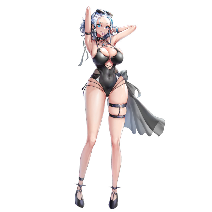 1girl armpits barbell_piercing bikini black_hair blue_eyes blue_hair bracelet breasts bumcha collar covered_navel cross cross_earrings ear_piercing earrings eyewear_on_head full_body gluteal_fold hair_ornament hand_in_own_hair heart high_heels highres hoop_earrings huge_breasts industrial_piercing jewelry last_origin long_hair looking_at_viewer mole mole_on_thigh mouth_hold multicolored_hair o-ring o-ring_bikini official_alternate_costume official_art piercing raised_eyebrow see-through_clothes skindentation skull_earrings smile solo sonia_of_devastation spiked_bracelet spiked_collar spiked_footwear spikes streaked_hair string_bikini sunglasses swimsuit tachi-e teeth thigh_strap transparent_background tying_hair watch white_hair
