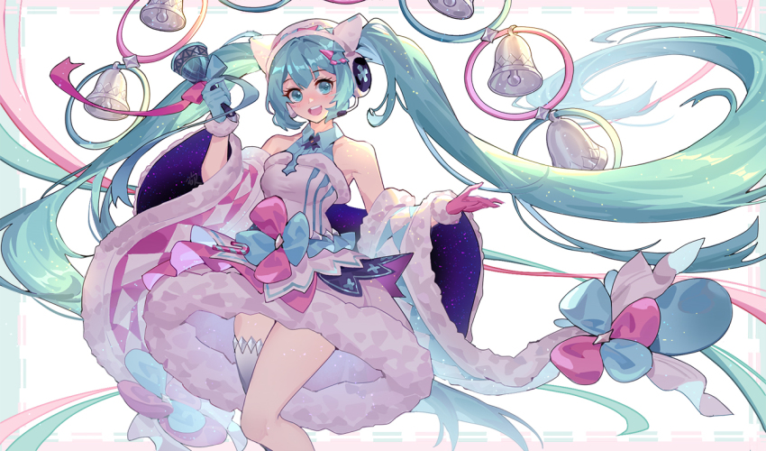 1girl aqua_eyes aqua_hair bare_shoulders bell blue_bow blush bow checkered_clothes collarbone covered_collarbone detached_sleeves dress earmuffs fur-trimmed_dress fur-trimmed_gloves fur-trimmed_sleeves fur_trim gloves hatsune_miku holding holding_bell kan_(rainconan) long_hair magical_mirai_miku magical_mirai_miku_(2020_winter) microphone off-shoulder_dress off_shoulder open_mouth pink_bow pink_gloves single_thighhigh smile solo teeth thighhighs tongue twintails upper_teeth_only very_long_hair vocaloid white_dress white_thighhighs wide_sleeves