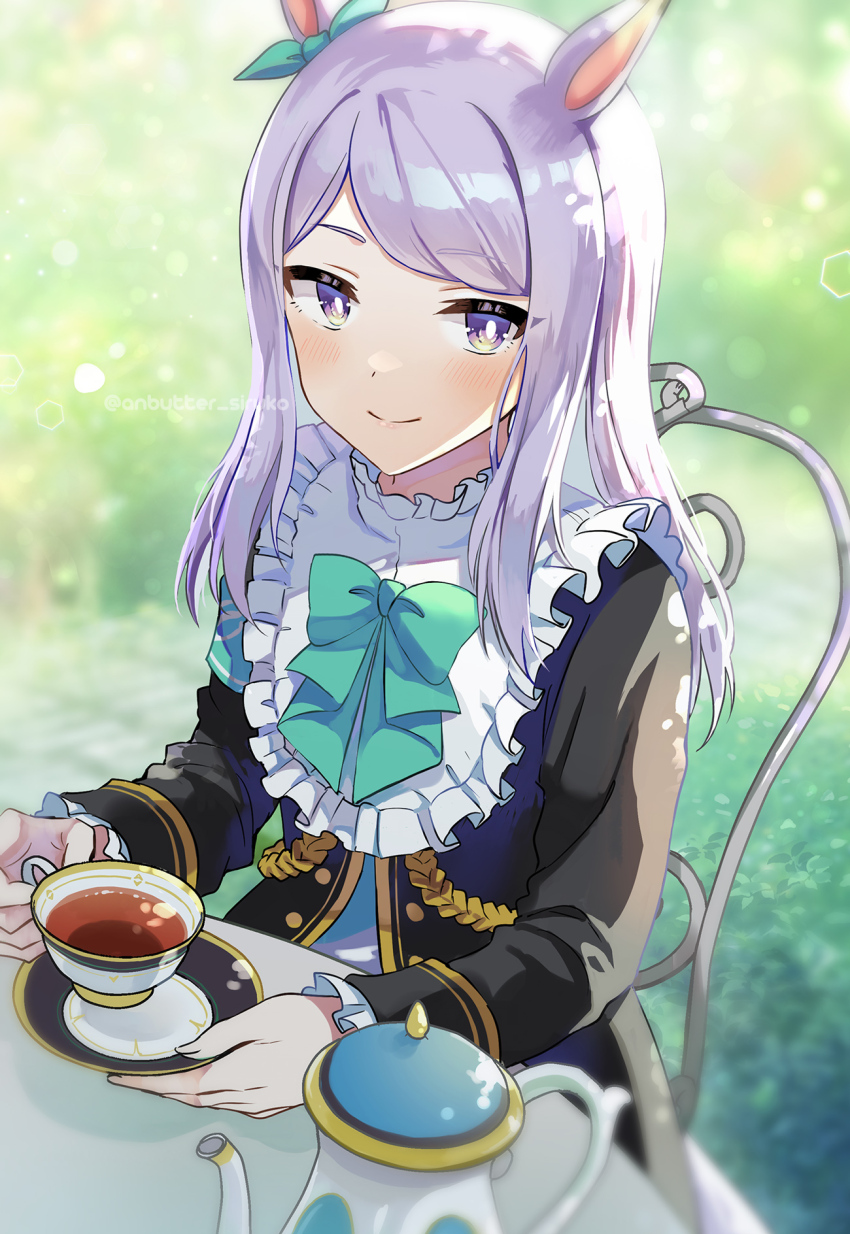 1girl anbutter_siruko animal_ears black_jacket bow bowtie cup ear_ribbon green_bow green_bowtie green_ribbon highres holding holding_cup holding_saucer horse_ears horse_girl jacket long_hair long_sleeves looking_at_viewer mejiro_mcqueen_(umamusume) purple_eyes purple_hair ribbon saucer sitting smile solo teacup teapot twitter_username umamusume
