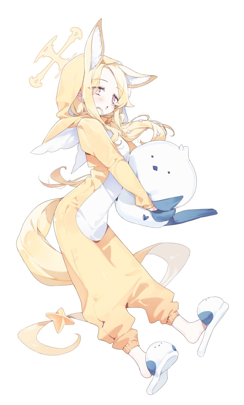 1girl absurdres alternate_costume animal_ear_fluff animal_ears bird blue_archive cross_halo forehead fox_ears fox_girl full_body halo highres holding holding_stuffed_toy hood hooded_pajamas long-tailed_tit looking_at_viewer meunhongcha pajamas seia_(blue_archive) slippers stuffed_animal stuffed_toy tit_(bird) white_background yellow_halo