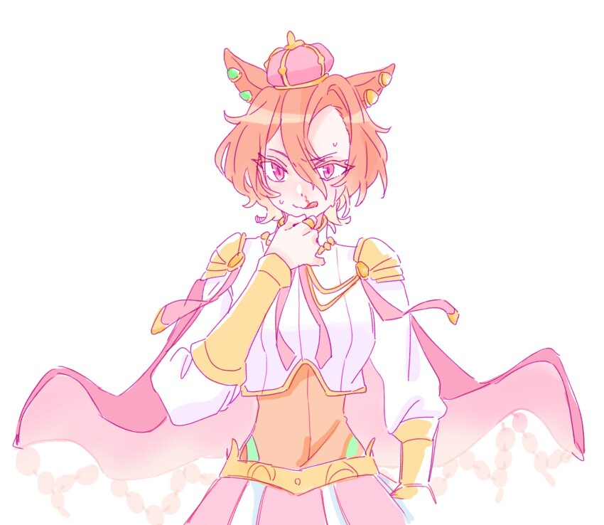 1girl absurdres animal_ears blood brown_hair brown_shirt cape cropped_jacket crown hair_between_eyes hands_up highres horse_ears jacket mini_crown nosebleed pink_cape pink_skirt purple_eyes seila_rei shirt skirt solo sweat t.m._opera_o_(umamusume) tilted_headwear tongue tongue_out umamusume white_background white_jacket