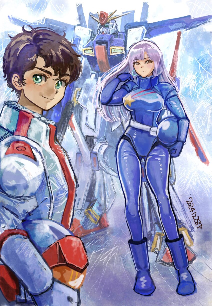1boy 1girl blue_eyes brown_hair carrying carrying_under_arm closed_mouth commentary dated english_commentary full_body gundam gundam_zz helmet highres holding holding_helmet judau_ashta long_hair mecha mecha_pilot_suit mobile_suit normal_suit_(gundam) okrdisk2000 purple_eyes purple_hair robot roux_louka science_fiction smile unworn_headwear unworn_helmet v-fin zz_gundam