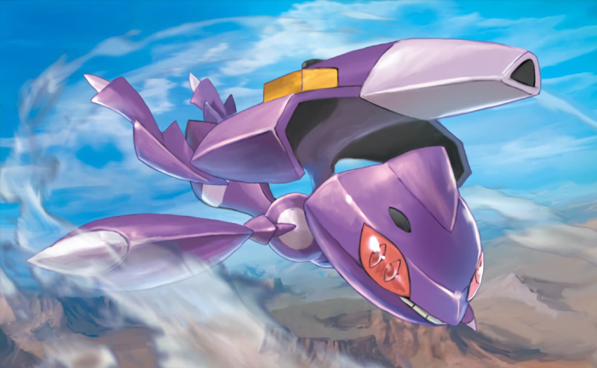 anesaki_dynamic blue_sky brown_eyes cloud cloudy_sky creature day floating gen_5_pokemon genesect legendary_pokemon mythical_pokemon nintendo no_humans official_art outdoors pokemon pokemon_(creature) pokemon_tcg sky solo third-party_source