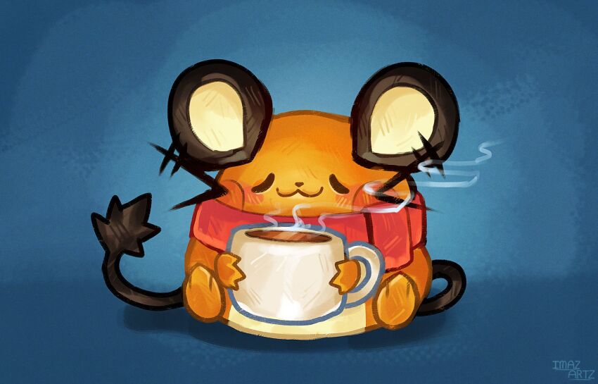 :3 animal_focus blue_background blush closed_eyes closed_mouth cup dedenne gen_6_pokemon highres holding holding_cup hot_chocolate imazartz nintendo no_humans pokemon pokemon_(creature) pokemon_focus red_scarf scarf simple_background smile tail whiskers
