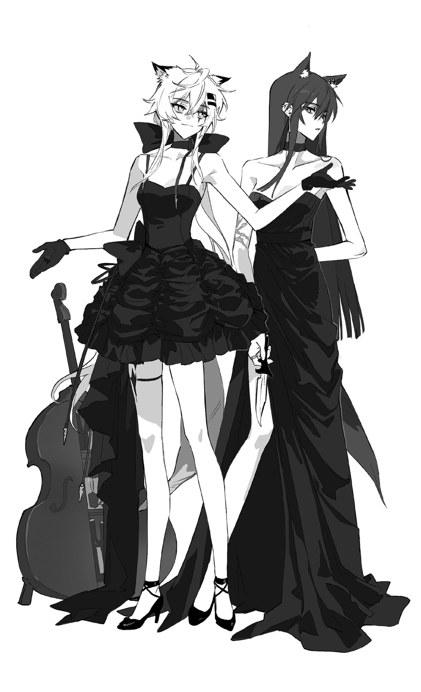 2girls absurdres alternate_costume animal_ears arknights bow breasts cello dress_bow gloves greyscale high_heels highres holding holding_knife instrument knife lappland_(arknights) long_hair medium_breasts meng_ziya monochrome multiple_girls sidelocks standing tail texas_(arknights) wolf_ears wolf_girl wolf_tail