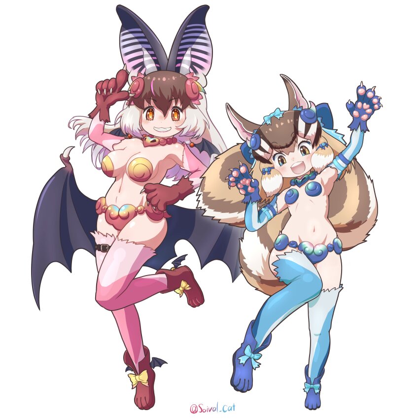 2girls absurdres alternate_costume animal_ears arm_up armor armpits bat_ears bat_girl bat_wings belt bikini bikini_armor blue_bikini blue_ribbon boots breasts brown_eyes brown_hair brown_long-eared_bat_(kemono_friends) chipmunk_ears chipmunk_girl chipmunk_tail choker elbow_gloves extra_ears full_body gloves grey_hair hair_ornament highres kemono_friends kemono_friends_v_project large_breasts long_hair looking_at_viewer multicolored_hair multiple_girls navel ribbon saival_cat shiisaa_lefty shiisaa_right shoes short_hair siberian_chipmunk_(kemono_friends) simple_background streaked_hair swimsuit tail thighhighs virtual_youtuber wings