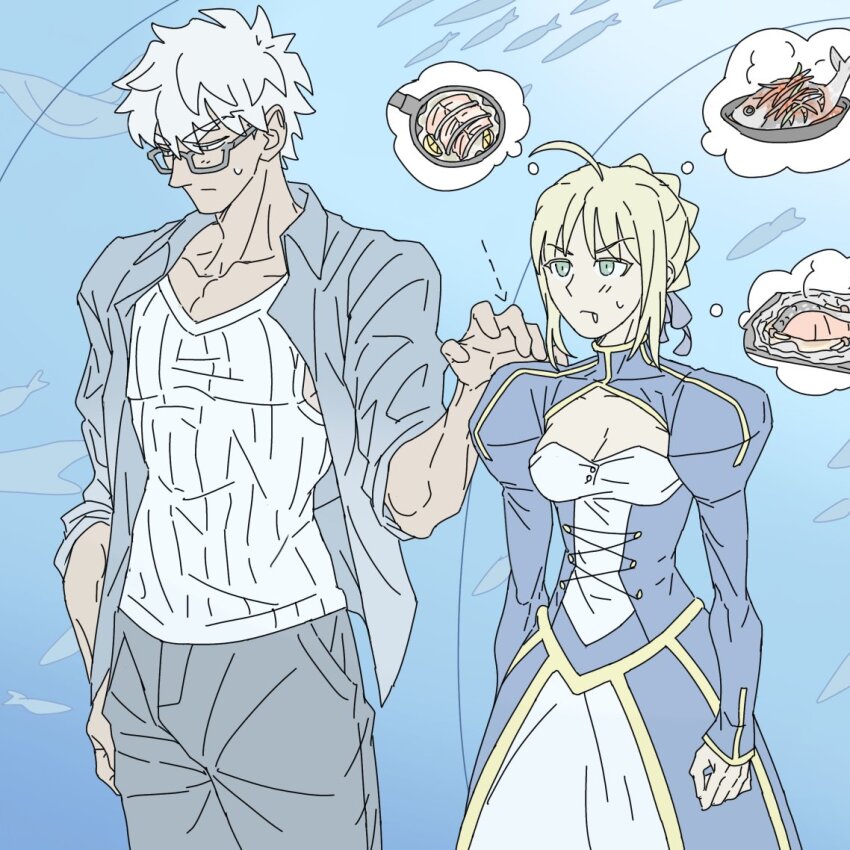 1boy 1girl ahoge archer_(fate) archer_(summer_casual)_(fate) artoria_pendragon_(fate) blonde_hair dark-skinned_male dark_skin dress fate/grand_order fate_(series) food glasses green_eyes round_eyewear rugihodo saber_(fate) tan white_hair