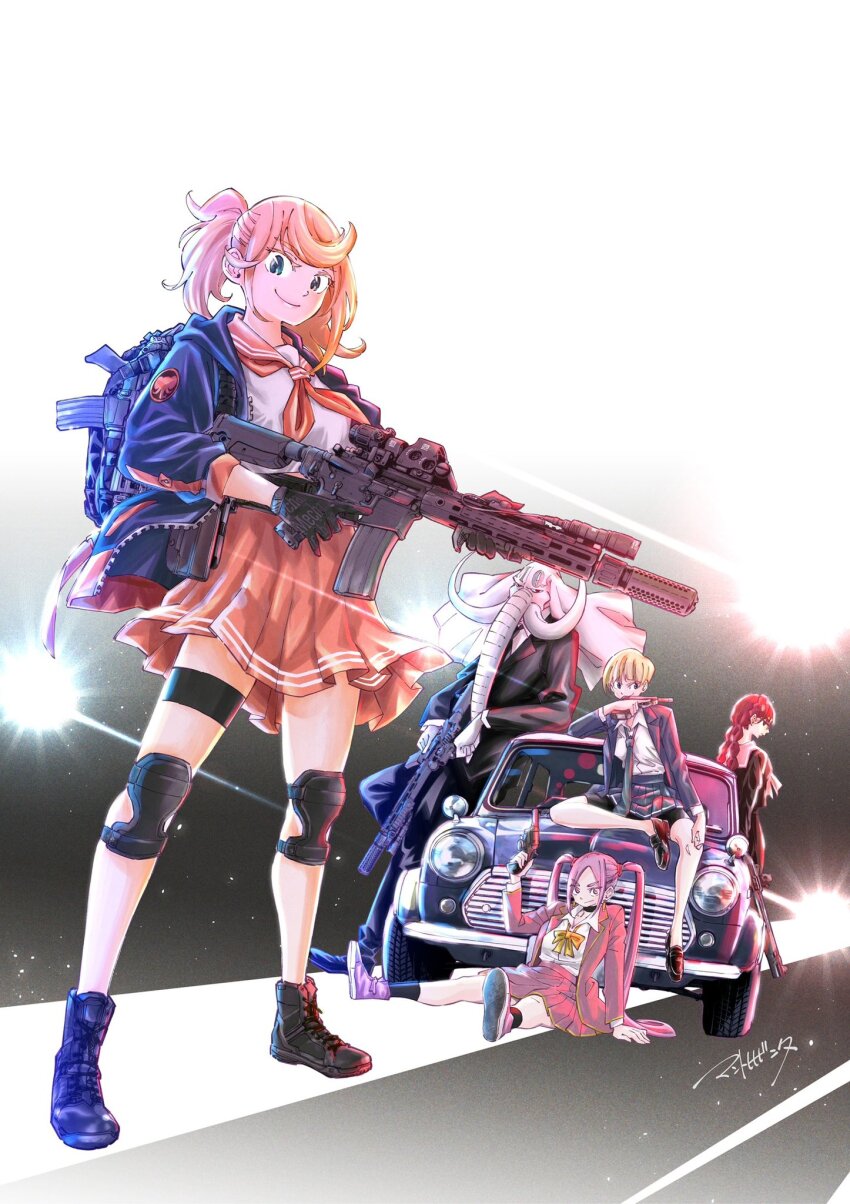1boy 4girls ar-15 assault_rifle blonde_hair business_suit car carbine character_request cross_promotion elephant_man formal_clothes gloves gun handgun highres hitman_girl jacket kac_sr-16_mod.2 knee_pads knight&#039;s_armament_company long_hair m16 m1911 mantohihi_binta motor_vehicle multiple_girls necktie open_clothes open_jacket orange_hair pigtail_braids pink_hair pistol ponytail promotional_art red_hair rifle school_uniform short_hair skirt studio_zoon suit suppressor tie-in translation_request tusks weapon weapon_focus weird_guns_of_the_world wilson_combat_1911 wilson_combat_1911_professional