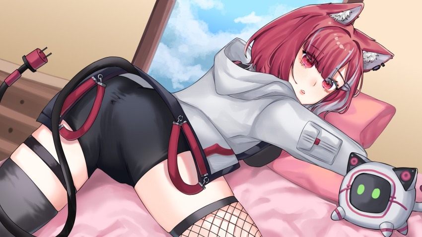 1girl animal_ears asymmetrical_legwear belly breasts cat_ears cat_girl commission eyebrows eyelashes fishnet_thighhighs fishnets food highres hugging_object indoors jacket lyko_lianna on_bed pants pillow pillow_hug pink_eyes pink_hair shirt short_hair short_pants solo thighhighs thighs v4mirai virtual_youtuber