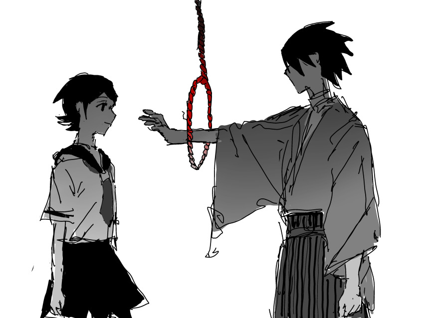 1boy 1girl absurdres clenched_hand closed_mouth collared_shirt cowboy_shot expressionless faceless faceless_male fuura_kafuka greyscale hakama highres itoshiki_nozomu japanese_clothes kimono long_sleeves looking_at_another miniskirt monochrome neckerchief niao878280 noose pleated_skirt reaching reaching_towards_another sailor_collar sayonara_zetsubou_sensei school_uniform serafuku shirt short_hair short_sleeves simple_background skirt spot_color white_background wide_sleeves