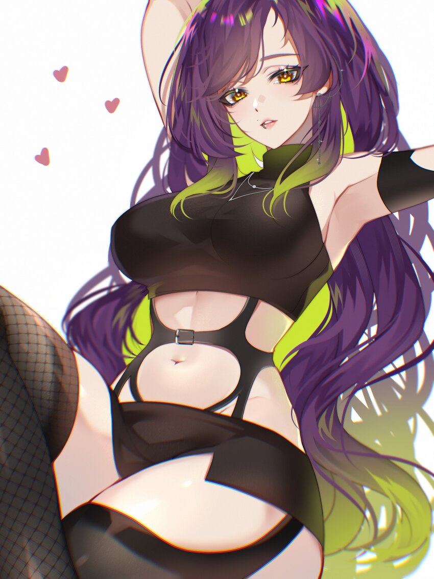 1girl absurdres armpits black_shirt black_skirt breasts colored_inner_hair colored_tips cropped_shirt crossed_legs earrings face_piercing fishnet_thighhighs fishnets green_hair heart heart-shaped_pupils highres indie_virtual_youtuber jewelry linea_alba lip_piercing long_hair mole mole_under_eye multicolored_hair mzbenevolent navel necklace parted_lips piercing purple_hair raituna shirt skirt solo symbol-shaped_pupils thighhighs virtual_youtuber white_background yellow_eyes