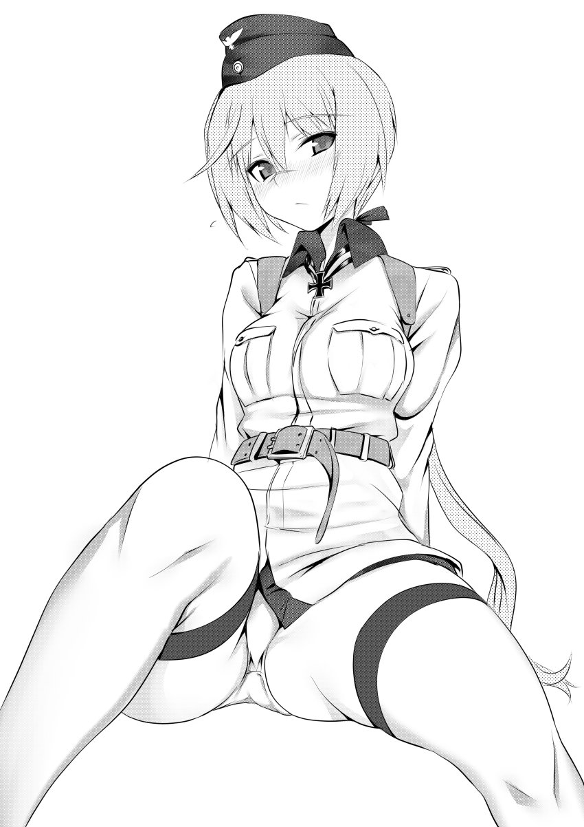 1girl a9b_(louis814) absurdres blush breasts closed_mouth greyscale hanna_rudel hat highres looking_at_viewer medium_breasts military military_hat military_uniform monochrome panties scar scar_on_face short_hair simple_background solo thighhighs underwear world_witches_series