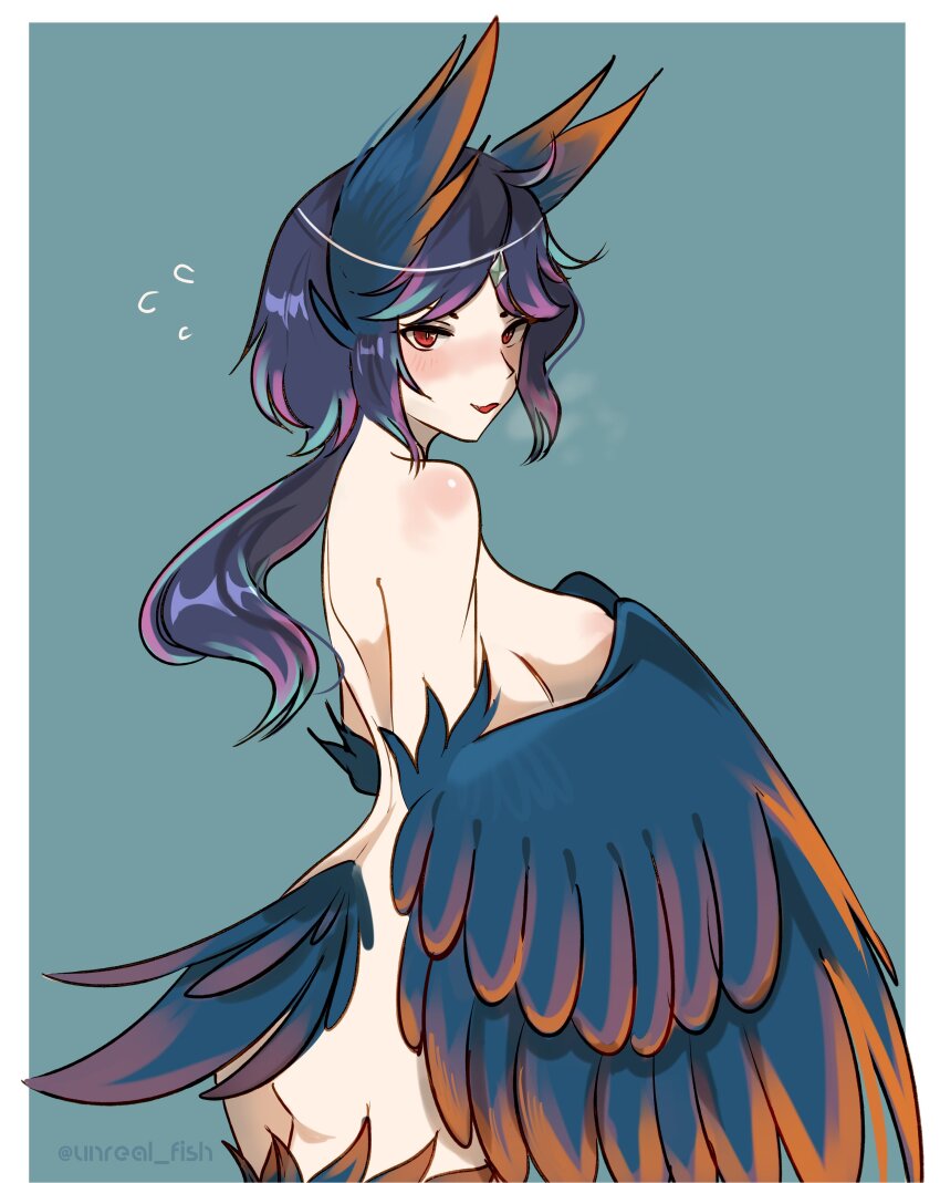 1girl absurdres ass bird_tail blue_feathers blue_wings blush commentary covering_breasts covering_privates english_commentary ev_v1l feathered_wings feathers flying_sweatdrops harpy head_wings highres long_hair looking_at_viewer monster_girl multicolored_hair nude open_mouth orange_feathers original purple_hair red_eyes solo streaked_hair tail two-tone_hair winged_arms wings wolf_cut