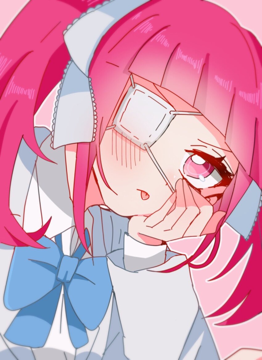 1girl bleach blue_bow blue_bowtie blunt_bangs blurry blush bow bowtie closed_mouth collared_shirt commentary_request dokugamine_riruka eyepatch hair_ribbon hand_on_own_cheek hand_on_own_face highres long_hair looking_at_viewer medical_eyepatch official_alternate_costume outline pink_background pink_eyes pink_hair ribbon rin_ka_9 school_uniform shirt sidelocks solo tongue tongue_out twintails upper_body white_outline white_ribbon white_shirt