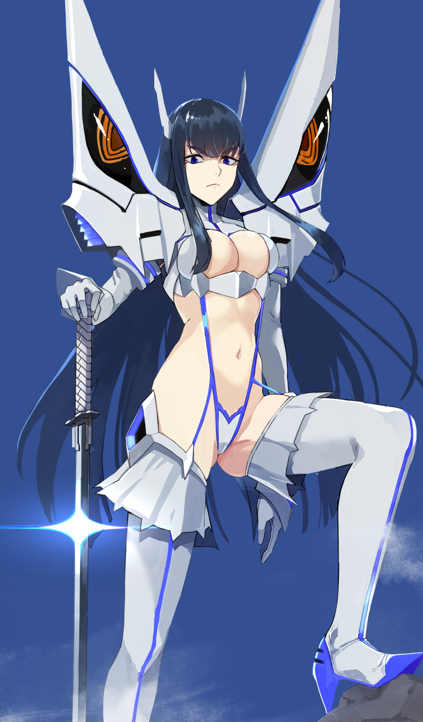 1girl absurdres black_hair blue_eyes boots breasts cleavage cleavage_cutout clothing_cutout commentary_request hair_ornament highres junketsu katana kill_la_kill kiryuuin_satsuki large_breasts long_hair looking_at_viewer navel prime_(prime_tw) revealing_clothes sidelocks solo sword thick_eyebrows thigh_boots underbust weapon