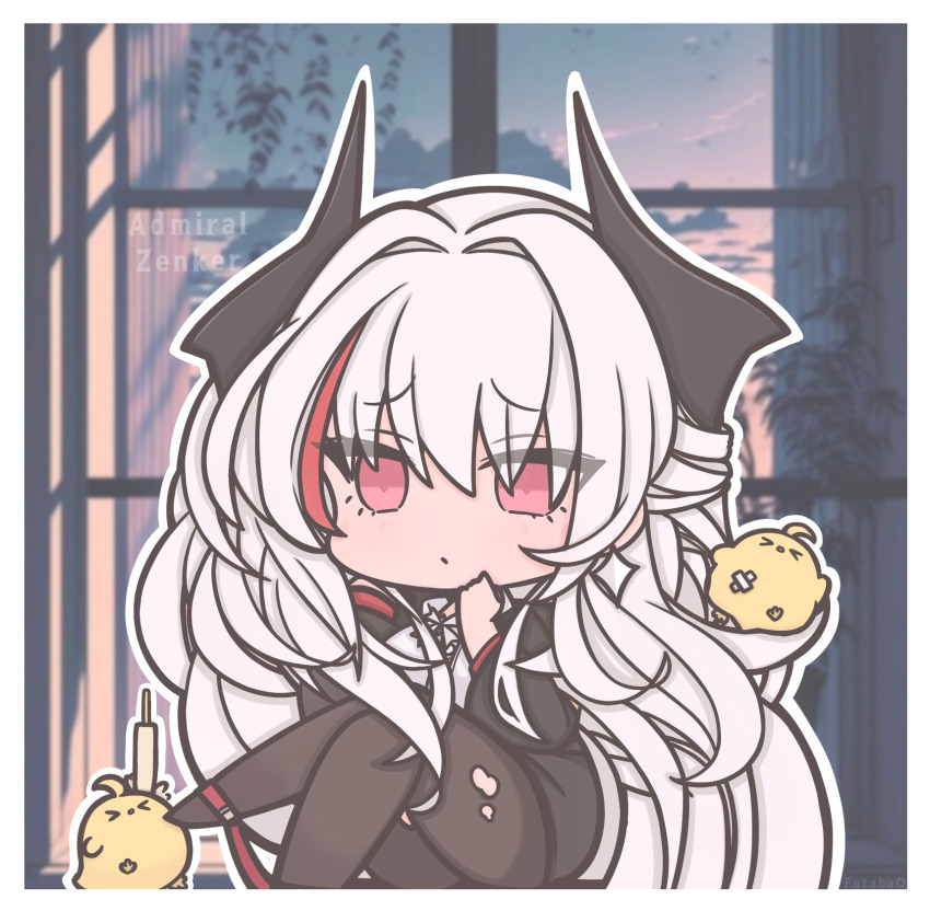 &gt;_&lt; 1girl :o admiral_zenker_(azur_lane) admiral_zenker_(fun_with...interrogations?)_(azur_lane) ai-assisted ai-generated_background artist_name azur_lane baby_animal bird black_jacket black_pantyhose black_shoes black_skirt breasts character_name chibi chibi_only chick cleavage cloud cloudy_sky collared_shirt commentary evening full_body futaba_(anti_clockwise) grey_hair hair_intakes highres indoors jacket large_breasts long_hair long_sleeves looking_at_viewer manjuu_(azur_lane) multicolored_hair office_lady official_alternate_costume orange_eyes pantyhose parted_lips pencil_skirt plant red_hair red_streaks shirt shoes sitting skirt sky solo streaked_hair symbol-only_commentary thighs torn_clothes torn_pantyhose very_long_hair white_background white_hair white_shirt window wrist_cuffs
