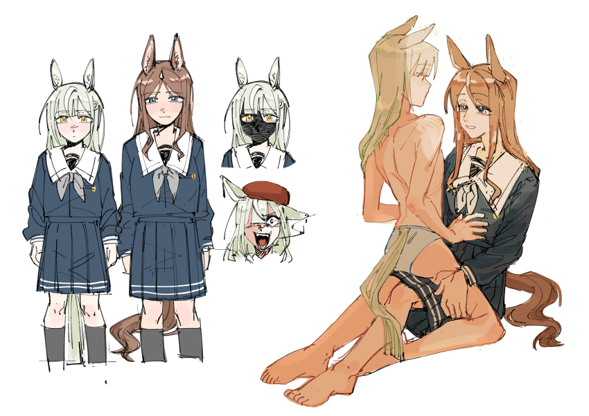 2girls absurdres animal_ears bang_dream! bang_dream!_it&#039;s_mygo!!!!! barefoot black_mask black_socks blue_eyes blue_shirt blue_skirt blush brown_hair chinese_commentary closed_mouth commentary_request dual_persona green_hair hand_on_another&#039;s_thigh hat highres horse_ears horse_girl horse_tail kemonomimi_mode kneehighs kokutouemmm long_hair long_sleeves mortis_(bang_dream!) mortis_(costume)_(bang_dream!) mortis_(persona)_(bang_dream!) multiple_girls nagasaki_soyo panties pleated_skirt red_hat school_uniform shirt shouting simple_background sitting sitting_on_lap sitting_on_person skirt smile socks tail topless_female tsukinomori_school_uniform underwear wakaba_mutsumi white_background white_panties yellow_eyes yuri