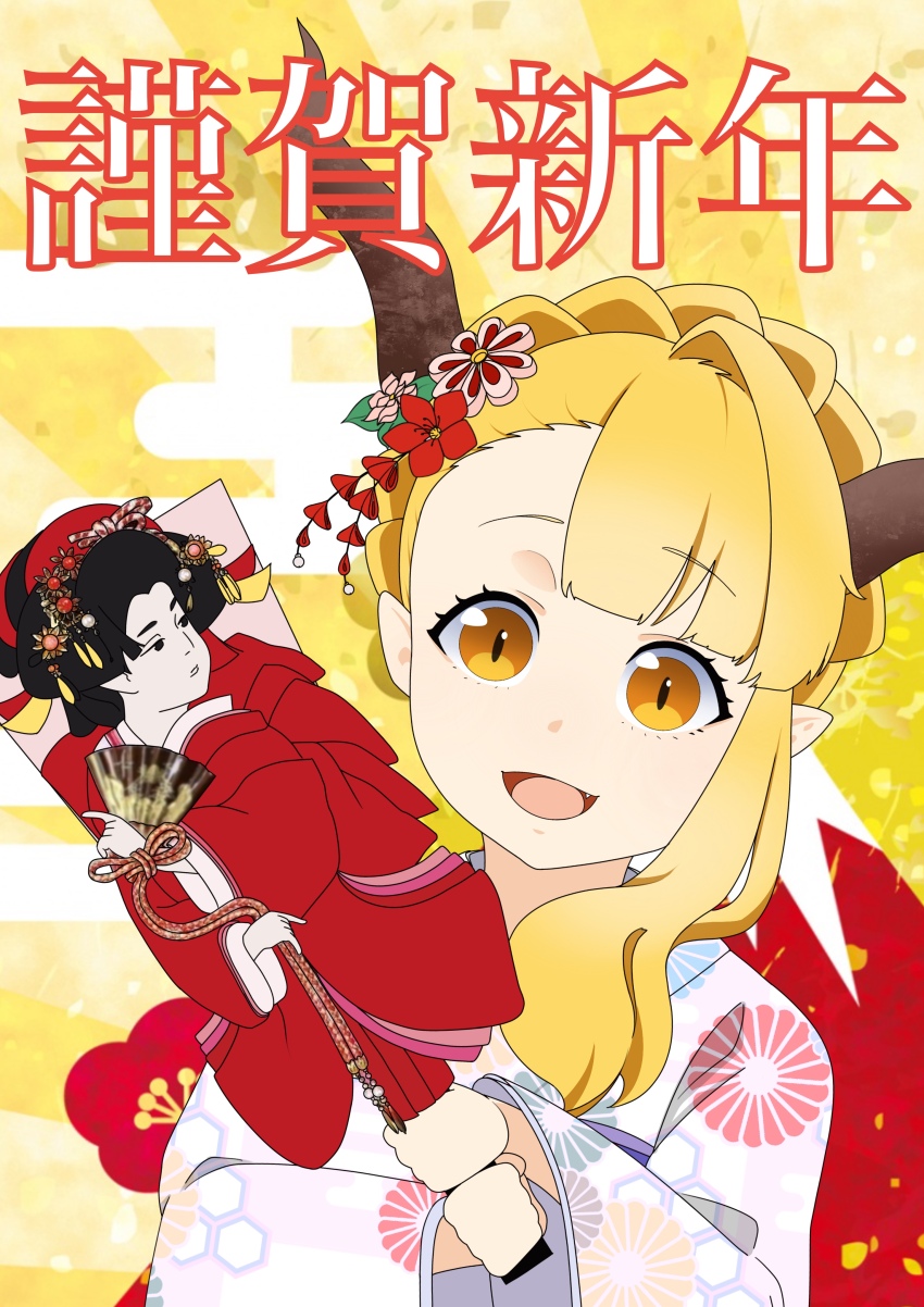 1girl absurdres alternate_costume alternate_hairstyle asymmetrical_bangs blonde_hair blunt_bangs braid brown_horns commentary_request crown_braid doll fang highres hina_ningyou hinamatsuri horns ibuki_suika kurohiba long_hair looking_at_viewer open_mouth orange_eyes smile solo touhou translation_request upper_body yellow_background
