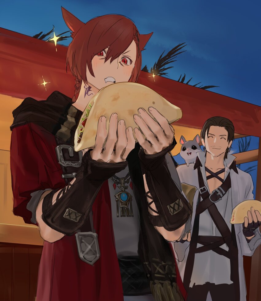 2boys ^_^ adventurer_(ff14) animal animal_ears animal_on_shoulder archon_mark bracer brown_hair brown_scarf cat_ears chest_belt closed_eyes coat cowboy_shot drooling facial_mark final_fantasy final_fantasy_xiv food from_below g&#039;raha_tia grey_shirt highres holding holding_food hyur jacket jewelry male_focus miqo&#039;te multiple_boys neck_tattoo nozouko nutkin outdoors pendant red_eyes red_hair red_jacket scarf shirt short_hair shoulder_belt solo_focus sparkle standing taco tattoo warrior_of_light_(ff14) white_coat