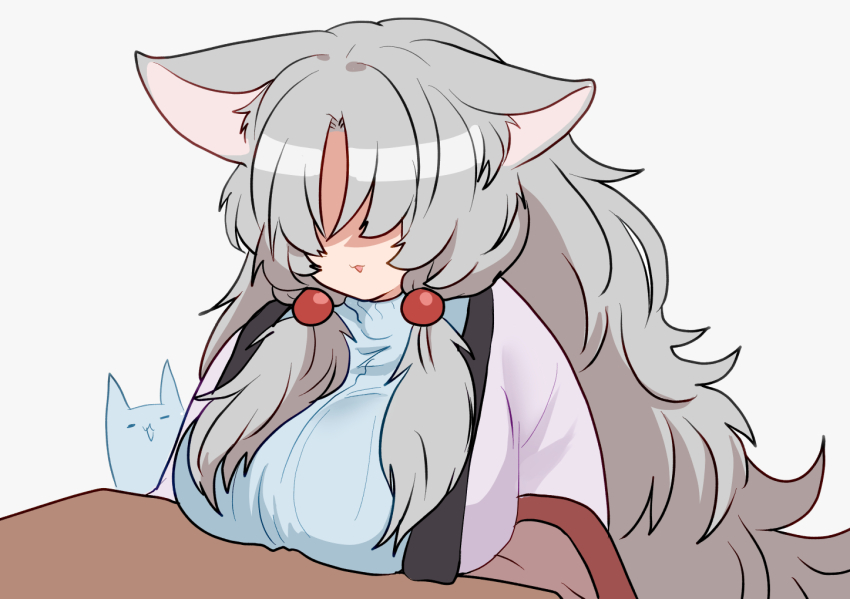 1girl :3 alternate_costume alternate_hair_length alternate_hairstyle animal_ears blue_sweater breast_rest breasts breasts_on_table commentary_request covered_eyes ears_down faceless faceless_female fox_ears fox_girl grey_hair hair_over_eyes hair_over_shoulder hanten_(clothes) kotatsu large_breasts long_bangs long_hair nekono_(nekonokokonekoz) nhk_(voiceroid) open_mouth simple_background solo sweater table touhoku_itako turtleneck turtleneck_sweater upper_body very_long_hair voiceroid white_background