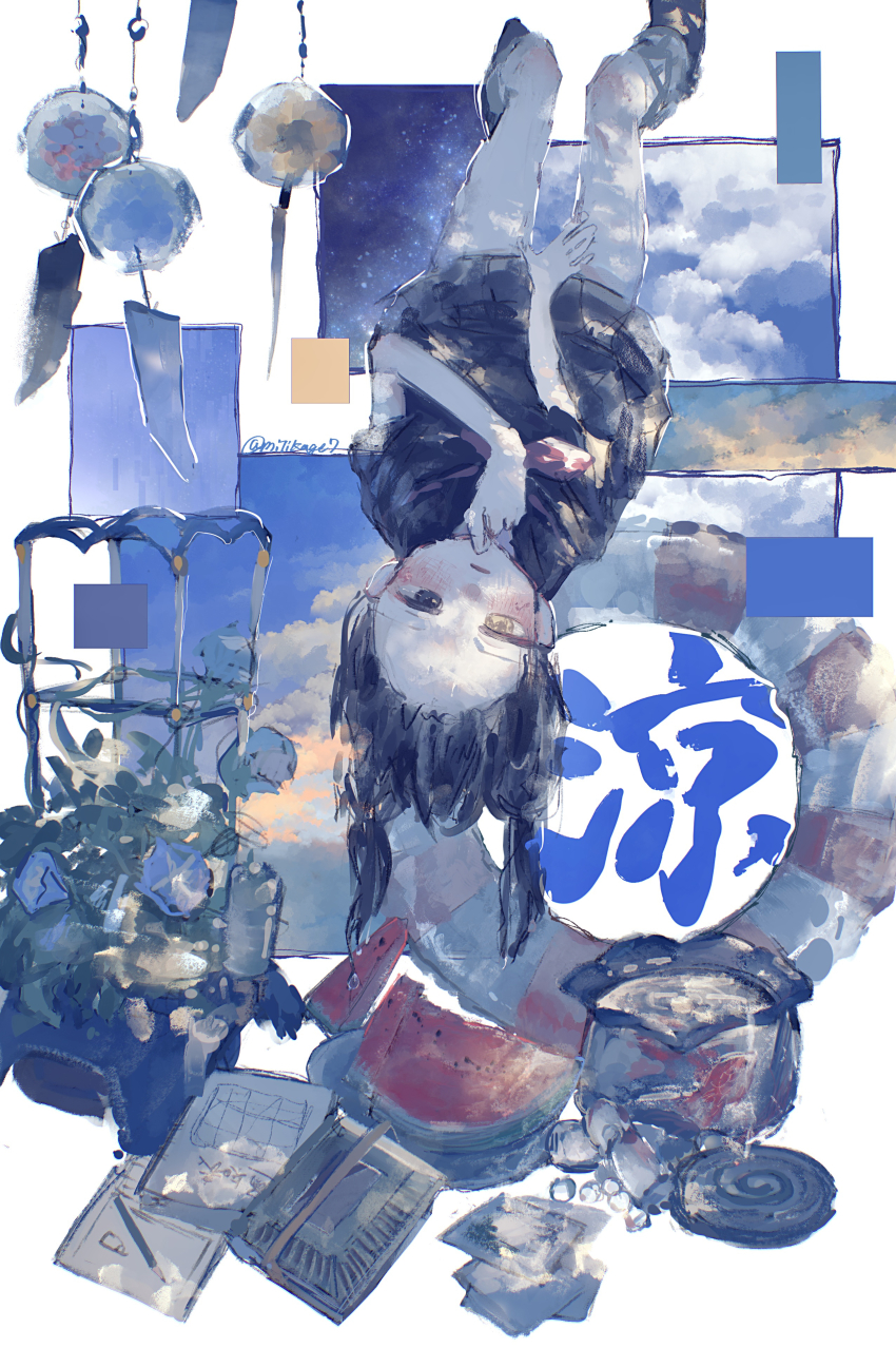 1girl absurdres black_eyes black_hair black_serafuku black_shirt black_skirt blue_sky blush book cloud collage_background commentary_request dappled_sunlight fish fishbowl flower flower_pot food forehead fruit hand_to_own_mouth hand_up heterochromia highres hydrangea legs_up lifebuoy long_hair looking_at_viewer marble_(toy) miniskirt mitikage7 mosquito_coil night night_sky notebook original parted_lips pencil plant potted_plant school_uniform serafuku shirt skirt sky solo summer sunlight swim_ring trellis twintails twitter_username upside-down watermelon watermelon_slice white_background wind_chime yellow_eyes