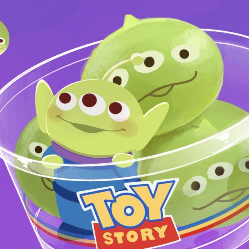 3boys alien alien_(toy_story) colored_skin copyright_name extra_eyes highres looking_at_viewer male_focus multiple_boys no_humans open_mouth science_fiction shirt simple_background smile space spacesuit takatmaorange thighhighs toy_story zettai_ryouiki