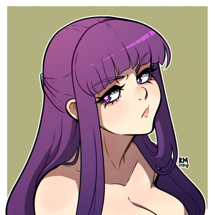 1girl 2024 blue_eyes breasts closed_mouth collarbone fern_(sousou_no_frieren) green_background highres kinkymation large_breasts long_hair outline pout purple_hair solo sousou_no_frieren topless_female topless_frame upper_body white_outline