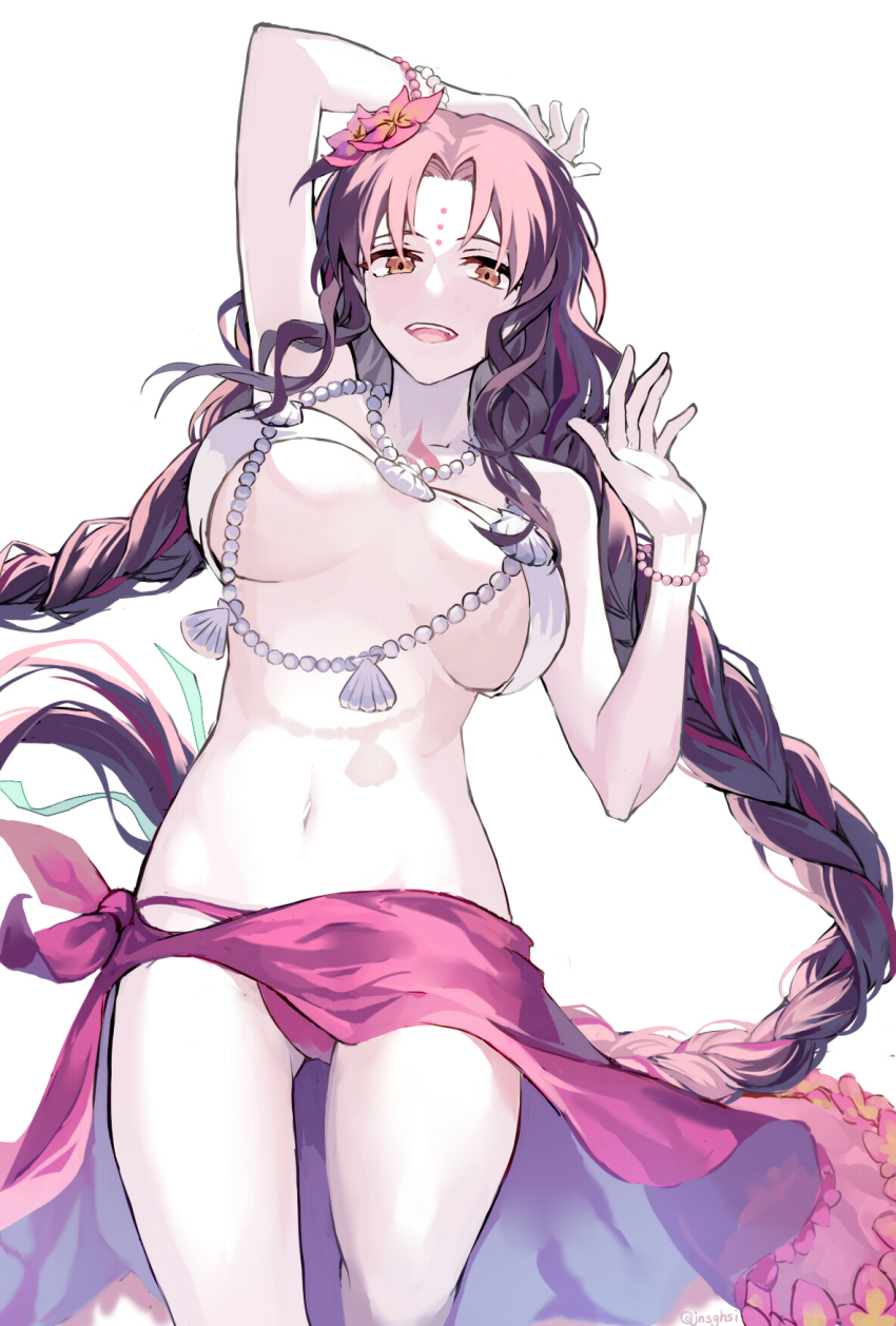 1girl bikini black_hair braid breasts chest_tattoo commentary facial_mark fate/grand_order fate_(series) flower forehead_mark hair_flower hair_ornament highres jewelry jnsghsi large_breasts long_hair looking_at_viewer low_twintails multicolored_hair navel necklace open_mouth pearl_necklace pink_hair seashell sessyoin_kiara sessyoin_kiara_(swimsuit_mooncancer) sessyoin_kiara_(swimsuit_mooncancer)_(first_ascension) shell shell_necklace simple_background smile solo streaked_hair swimsuit tattoo teeth tongue twin_braids twintails twitter_username two-tone_hair upper_teeth_only white_background white_bikini yellow_eyes
