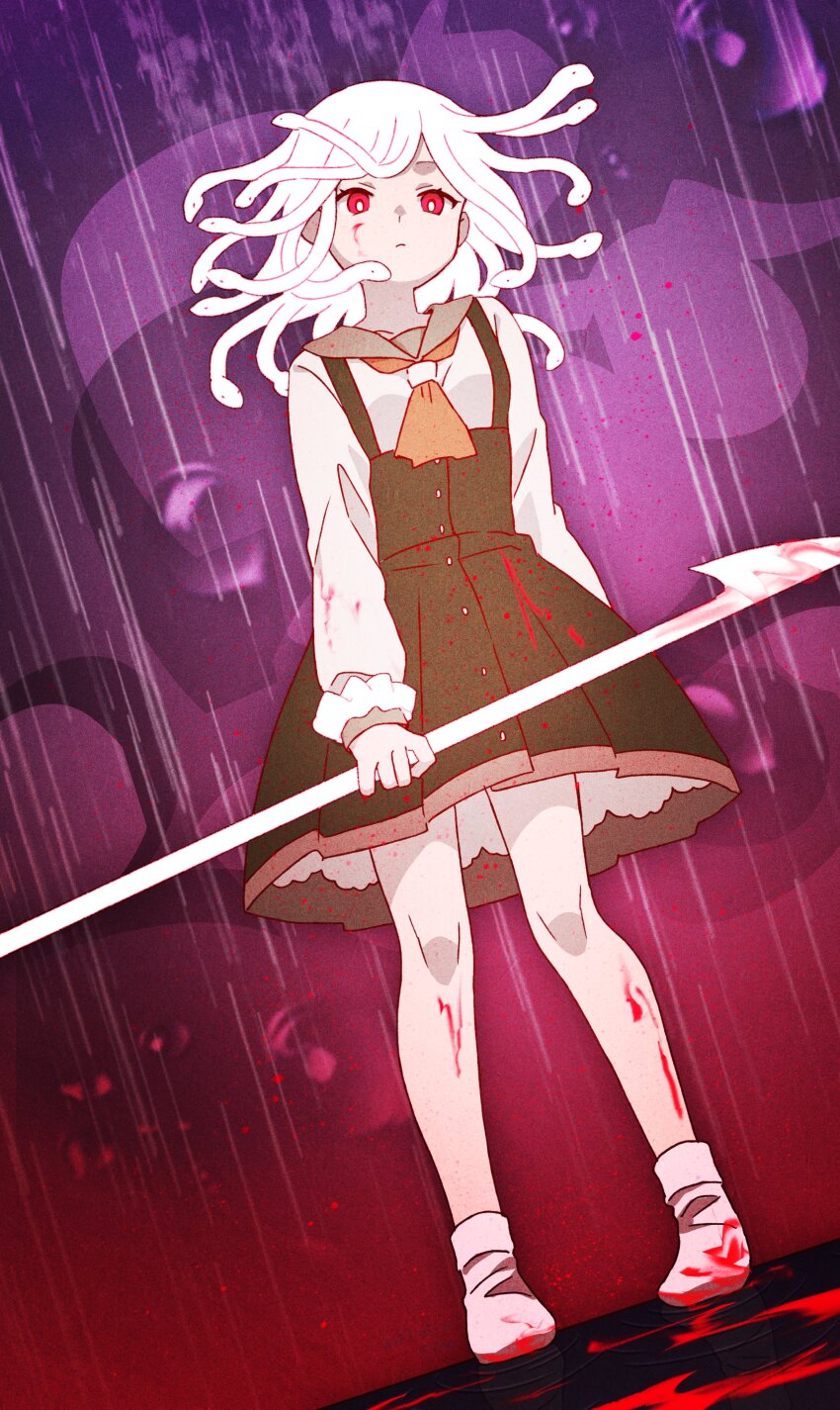 1girl absurdres ascot blood blood_on_clothes blood_on_face blood_on_ground bloody_weapon bloomers bright_pupils brown_dress brown_sailor_collar closed_mouth dress dutch_angle expressionless full_body god_nadeko highres holding holding_weapon long_sleeves looking_at_viewer manimani_(mani_ma) medium_hair monogatari_(series) nanahyakuichi_middle_school_uniform no_shoes pinafore_dress rain red_ascot red_eyes sailor_collar school_uniform sengoku_nadeko shirt sleeveless sleeveless_dress snake_hair socks solo standing underwear weapon white_hair white_pupils white_shirt white_socks
