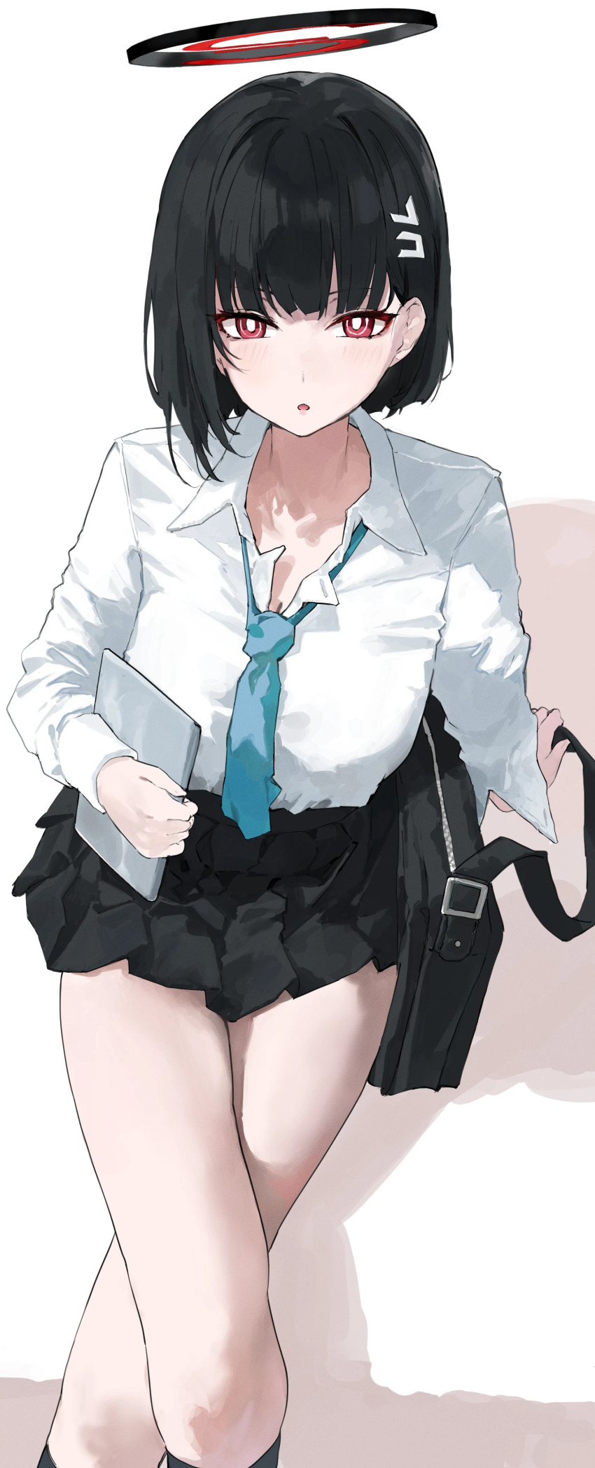 024th 1girl absurdres black_hair black_skirt blue_archive blue_necktie breasts collared_shirt crossed_legs from_above hair_ornament halo highres holding long_hair medium_breasts minibag necktie red_eyes rio_(blue_archive) shirt short_hair sitting skirt solo very_long_hair white_shirt