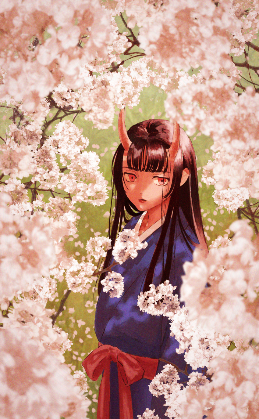 1girl absurdres black_hair branch cherry_blossoms colored_skin commentary_request edaori expressionless highres horns japanese_clothes kimono long_hair oni original pink_skin red_eyes skin-covered_horns solo spring_(season)