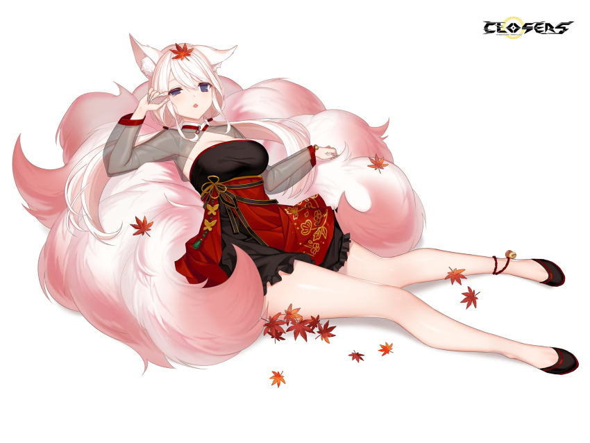 1girl :o alternate_hair_color animal_ear_fluff animal_ears ankle_bell autumn_leaves black_dress black_footwear breasts cleavage cleavage_cutout closers clothing_cutout copyright_name dress fox_ears fox_girl fox_tail full_body hand_up highres kitsune kyuubi large_breasts layered_dress leaf leaf_on_head levia_(closers) logo long_hair long_sleeves low_twintails lying lying_on_tail maple_leaf multiple_tails no_pupils official_art on_back pink_tail purple_eyes red_dress rubbing_eyes see-through_clothes see-through_sleeves single_ear_down sleepy solo tail twintails two-tone_dress uneven_eyes white_background white_hair