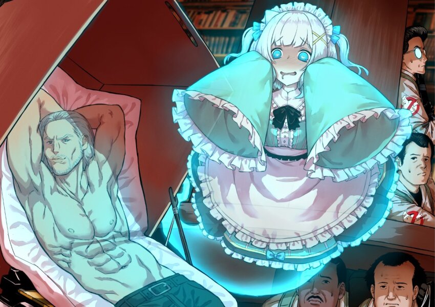 1girl 5boys apron aqua_dress black_bow black_bowtie blue_eyes body_pillow bow bowtie dress drooling drop_trap egon_spengler frills full_body ghost_tail ghostbusters gigachad_(meme) glowing haraya_manawari heart heart-shaped_pupils indie_virtual_youtuber maid_headdress meme metal_gear_(series) mint_fantome multiple_boys muscular muscular_male peter_venkman pillow raymond_stantz revolver_ocelot sleeves_past_wrists sweatdrop symbol-shaped_pupils triangular_headpiece two_side_up virtual_youtuber white_apron white_hair winston_zeddemore