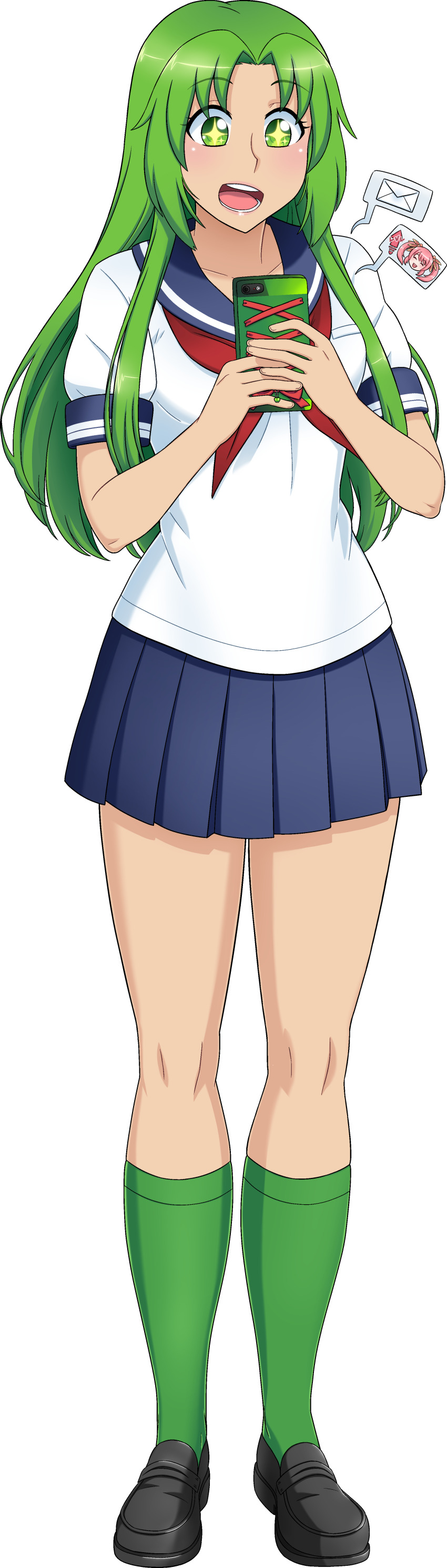+_+ 1girl absurdres artist_request blue_skirt cellphone full_body green_eyes green_hair green_socks highres holding holding_phone long_hair midori_gurin_(yandere_simulator) neckerchief official_art open_mouth phone pleated_skirt red_neckerchief school_uniform serafuku simple_background skirt socks text_messaging white_background white_serafuku yandere_simulator