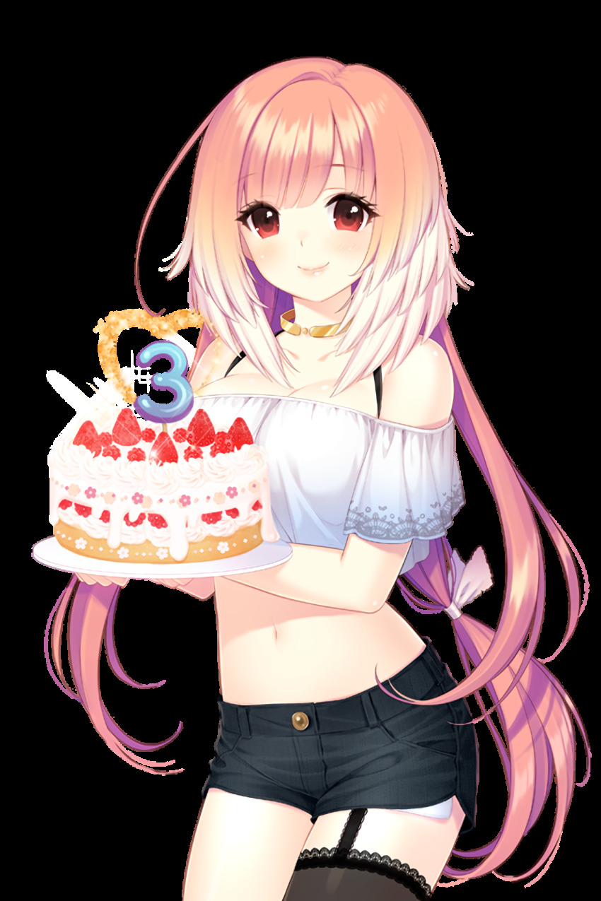 1girl asymmetrical_legwear bare_shoulders black_shorts breasts cake cleavage food fruit grey_shirt heart highres holding holding_cake holding_food large_breasts looking_at_viewer mismatched_legwear off_shoulder official_art selena_(soccer_spirits) shirahane_nao shirt shorts smile soccer_spirits stomach strawberry thighhighs transparent_background