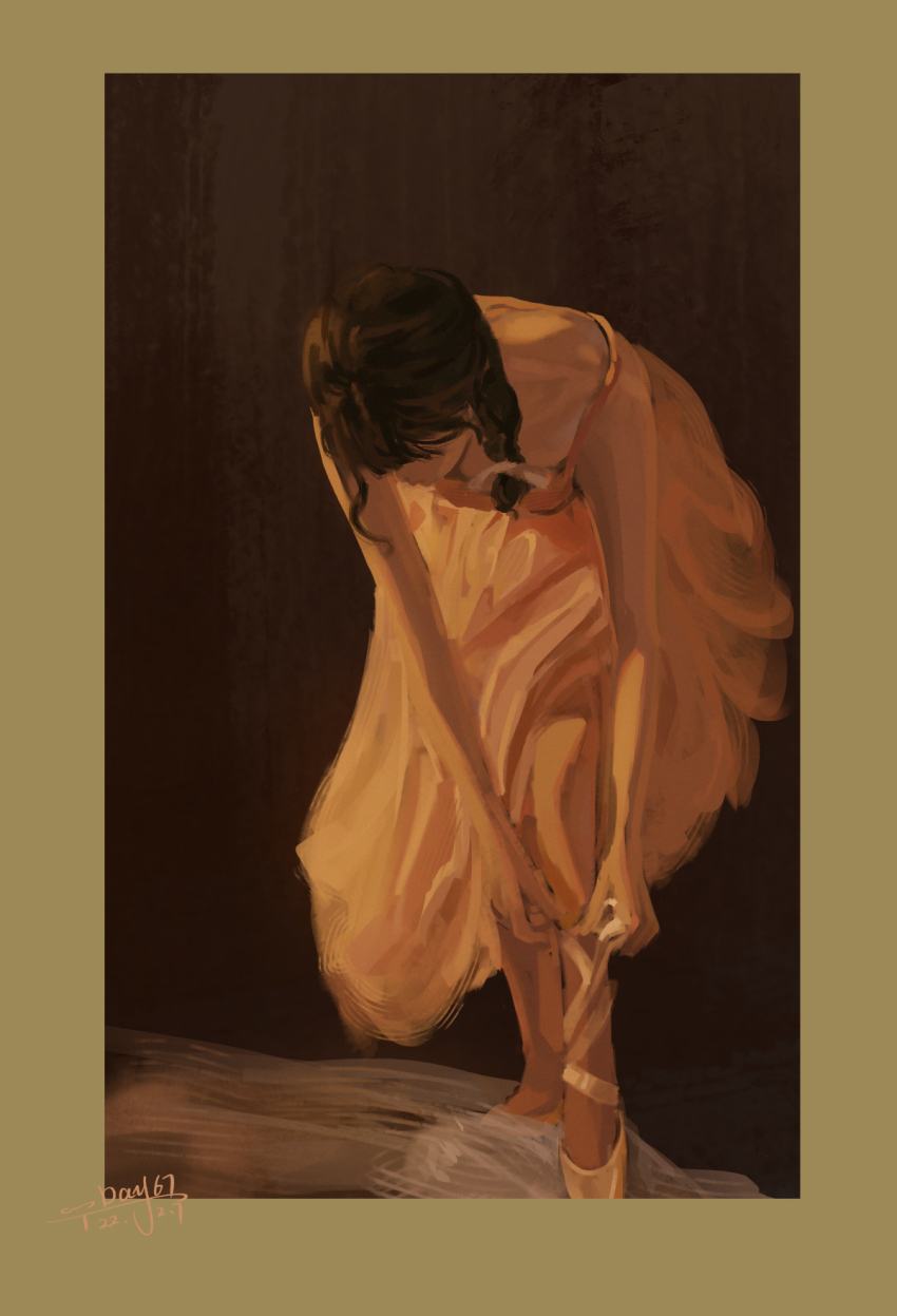 1girl ballet_slippers bare_arms bare_shoulders black_background border bow braid brown_hair dated dress full_body green_border hair_bow hair_over_shoulder highres holding holding_ribbon leaning_forward leg_ribbon long_dress long_hair one-hour_drawing_challenge original pink_dress pink_ribbon pink_shoes ribbon sanshui_guantang shoes signature simple_background single_bare_foot single_braid sleeveless sleeveless_dress solo standing tying_footwear white_bow