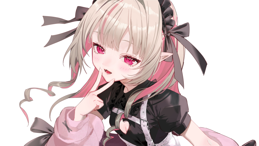 1girl absurdres black_dress black_headdress black_ribbon blunt_bangs blush breasts chest_harness cleavage cleavage_cutout clothing_cutout collared_dress colored_inner_hair dress drill_hair fangs frilled_shirt_collar frills grey_hair hair_intakes harness heart_cutout highres jacket kuqfh long_hair maid maid_headdress makaino_ririmu makaino_ririmu_(5th_costume) multicolored_hair nijisanji off_shoulder open_mouth pink_hair pink_jacket pointy_ears puffy_short_sleeves puffy_sleeves red_eyes ribbon short_sleeves sidelocks simple_background small_breasts smile solo streaked_hair two_side_up upper_body v v_over_mouth virtual_youtuber white_background