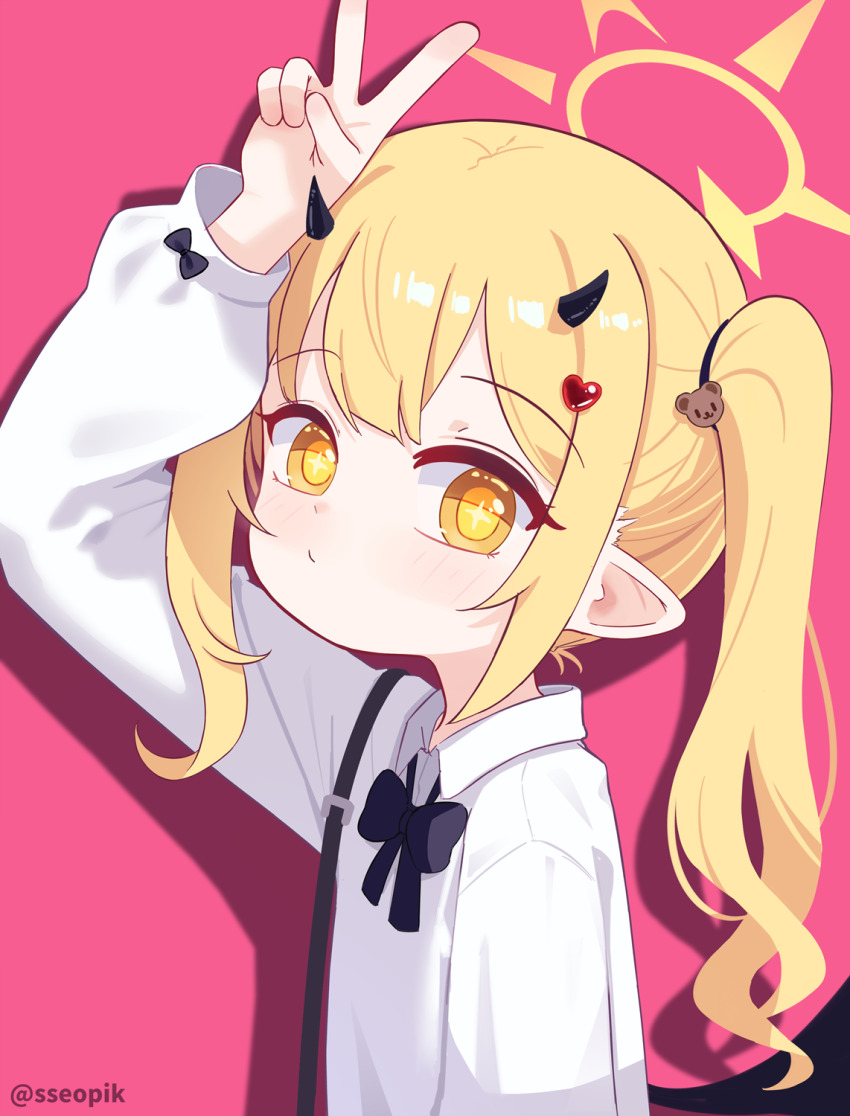 1girl black_horns blonde_hair blue_archive halo highres horns ibuki_(blue_archive) looking_at_viewer pointy_ears shirt side_ponytail solo sseopik v white_shirt wings yellow_eyes yellow_halo