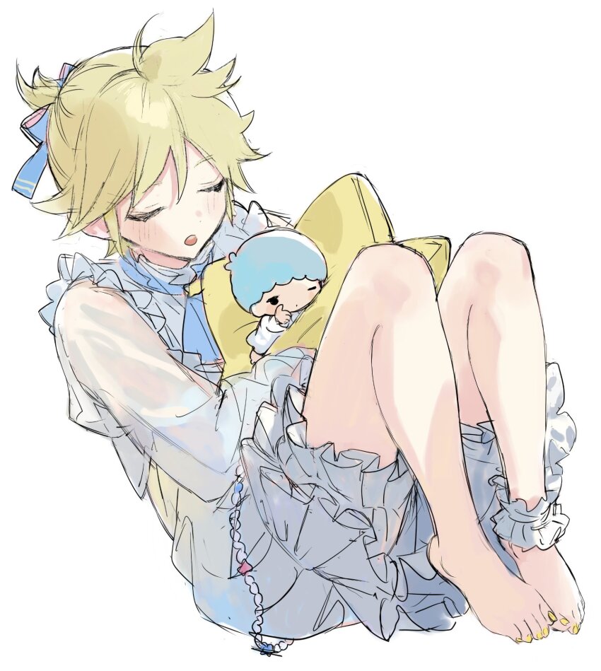 2boys anklet barefoot blonde_hair closed_eyes collared_shirt frilled_shirt frilled_shirt_collar frilled_shorts frills full_body highres holding holding_pillow jewelry kagamine_len kiki_(little_twin_stars) little_twin_stars long_sleeves male_focus multiple_boys nail_polish naoko_(naonocoto) pajamas pillow ponytail sanrio shirt short_hair short_ponytail short_shorts shorts simple_background sketch star-shaped_pillow toenail_polish toenails vocaloid white_background yellow_nails