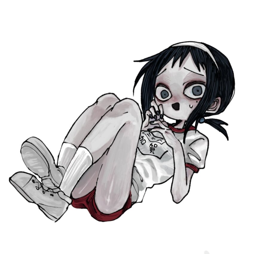 1girl bags_under_eyes black_hair black_mouth black_nails blue_eyes breasts colored_skin commentary full_body furrowed_brow grey_shoes grey_skin gym_shirt gym_uniform hands_up highres kaga_ai knees_up long_hair looking_at_viewer low_ponytail medium_breasts mole mole_under_eye name_tag namekuji_(kagaai_love) nervous nervous_smile open_mouth own_hands_together ponytail raised_eyebrows red_shorts sayonara_zetsubou_sensei shirt shoes short_bangs short_shorts short_sleeves shorts sidelocks simple_background smile sneakers socks solo symbol-only_commentary white_background white_shirt white_socks wide-eyed