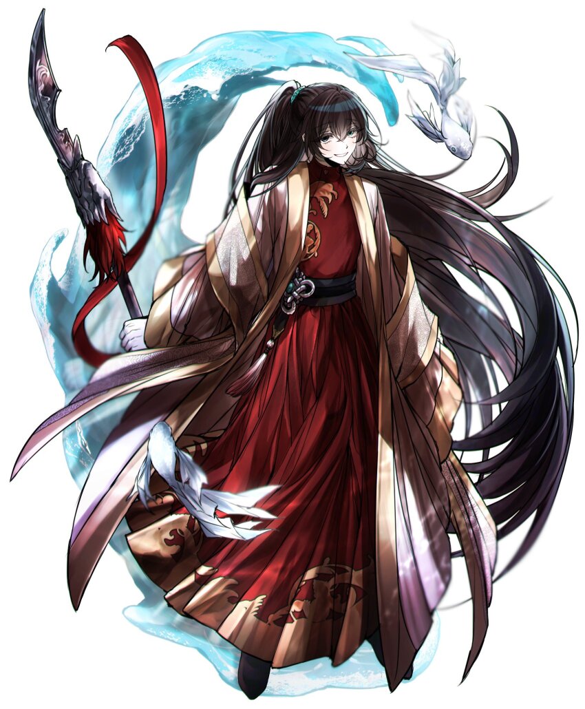 1boy aqua_eyes black_eyes brown_hair carp chinese_clothes chinese_knot coat e.g.o_(project_moon) guan_dao half_updo hanfu heterochromia highres holding holding_weapon hong_lu_(project_moon) limbus_company long_hair long_sleeves looking_at_viewer luull parted_lips polearm project_moon red_coat red_ribbon ribbon sash simple_background smile solo very_long_hair water weapon white_background