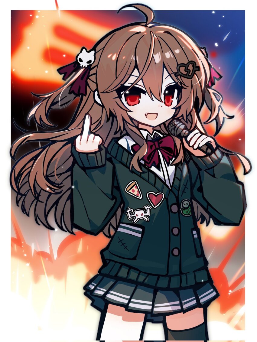 1girl ahoge black_cardigan black_skirt black_thighhighs border bow bowtie cardigan cowboy_shot dress_shirt evil_neuro-sama explosion fang from_side hair_between_eyes hair_ornament hair_ribbon highres holding holding_microphone long_hair long_sleeves microphone middle_finger neuro-sama off-shoulder_cardigan open_mouth red_bow red_bowtie red_eyes red_ribbon ribbon shio_0585 shirt single_thighhigh skirt skull_hair_ornament solo thighhighs two_side_up vedal_ai virtual_youtuber white_border white_shirt