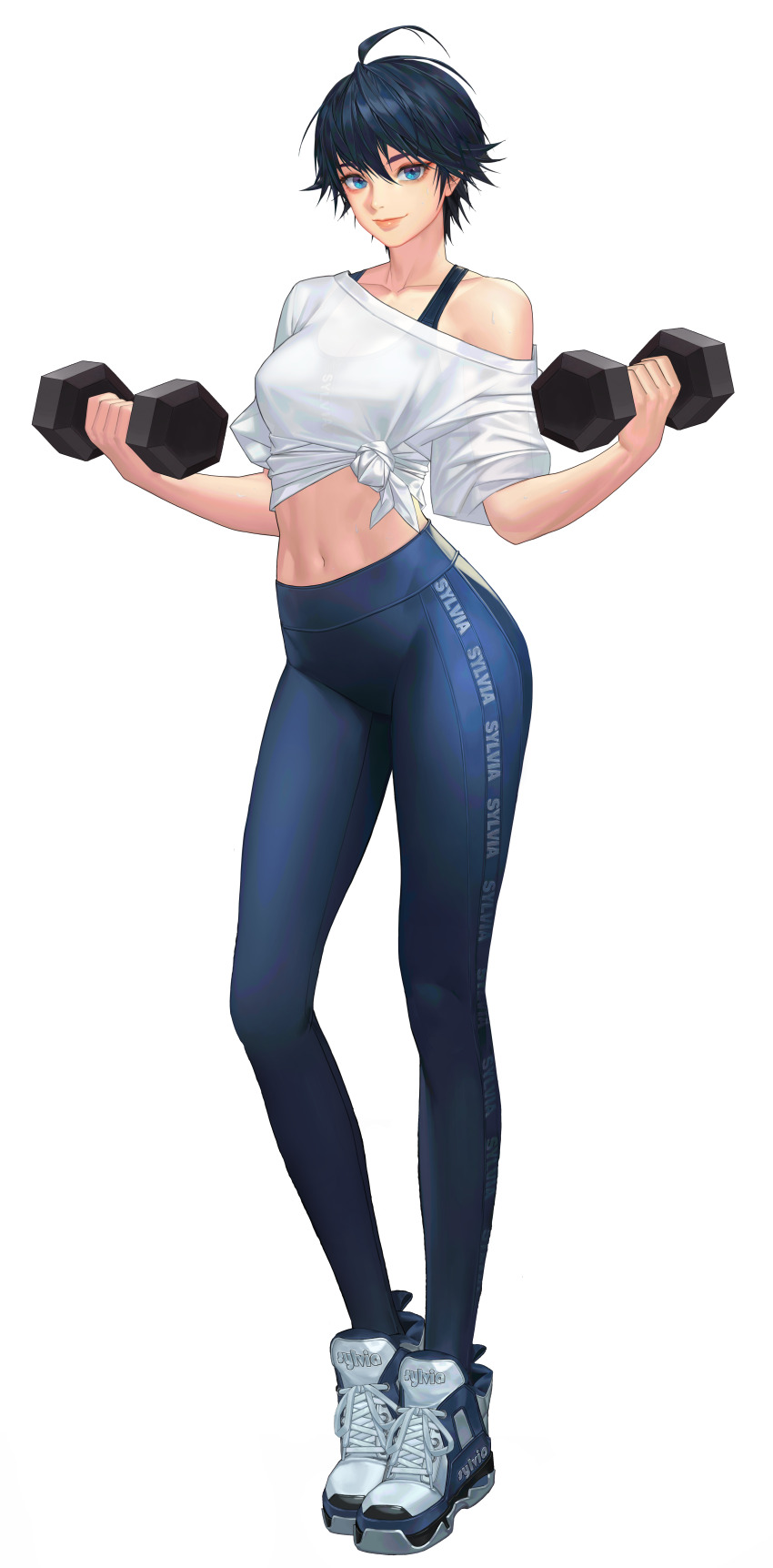 1girl absurdres ass bare_shoulders black_survival blue_eyes blue_hair blue_pants bra bra_strap breasts cleavage crop_top dark_blue_hair eternal_return:_black_survival exercising full_body gym gym_equipment gym_pants gym_shirt gym_uniform hair_between_eyes highres large_breasts legs looking_at_viewer midriff navel official_alternate_costume official_art one_touch open_clothes pants see-through_clothes see-through_shirt shirt shoes short_hair silvia_piquet smile sneakers solo standing sweat tank_top thick_thighs thighs third-party_edit third-party_extraction transparent_background underwear weightlifting weights white_shirt white_tank_top wide_hips yoga_pants